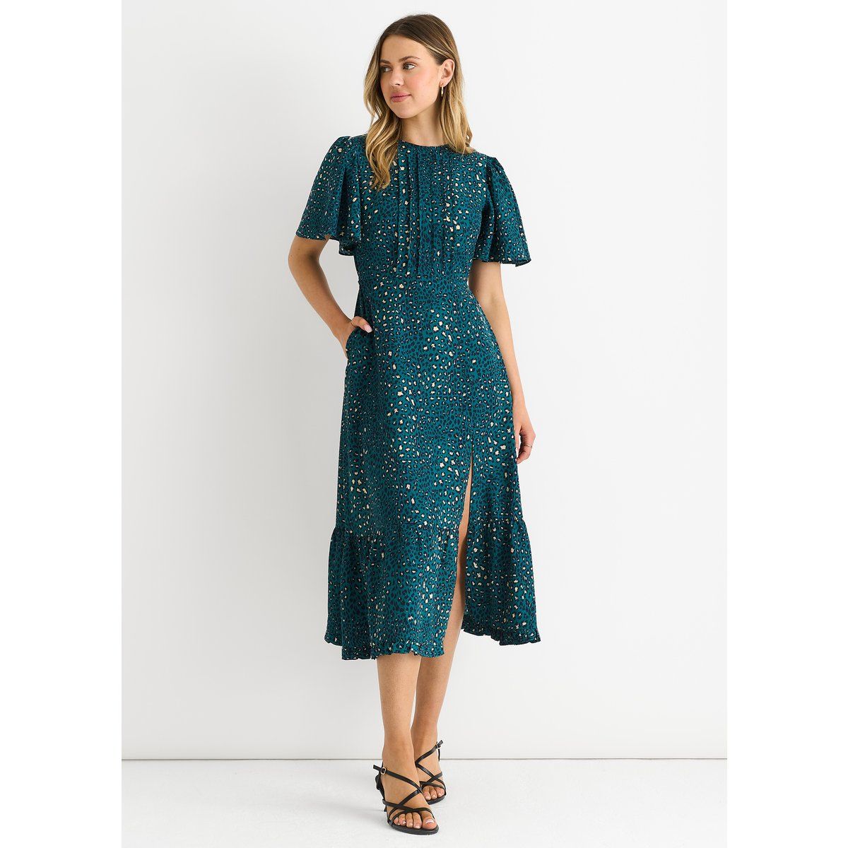 Grünes Smock-Midikleid mit Animal-Print