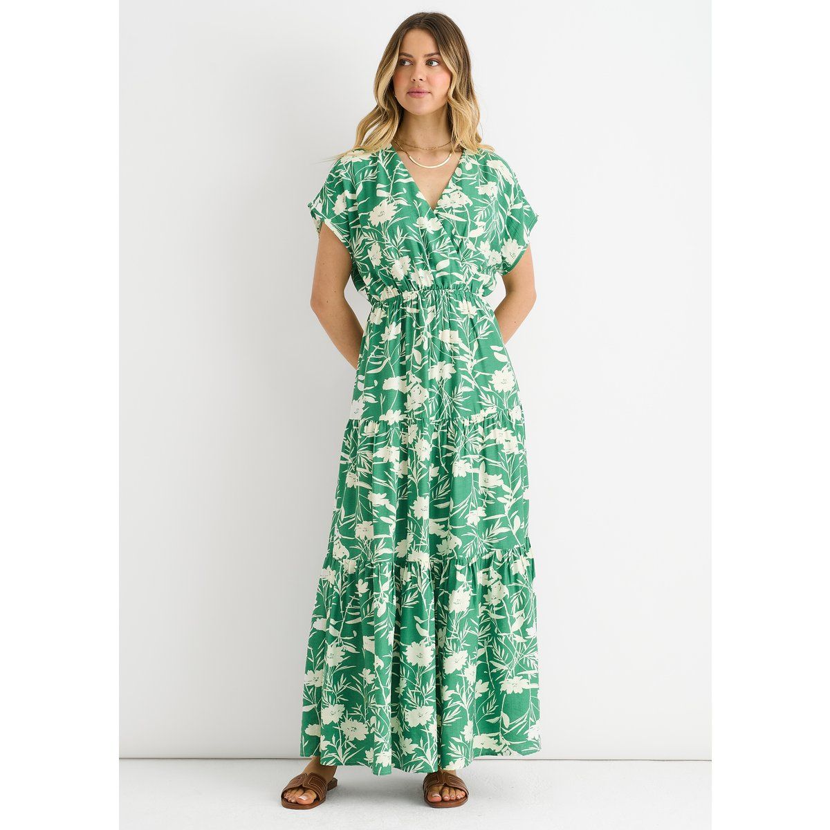 Grünes Maxikleid mit Blumenmuster und Gummizug