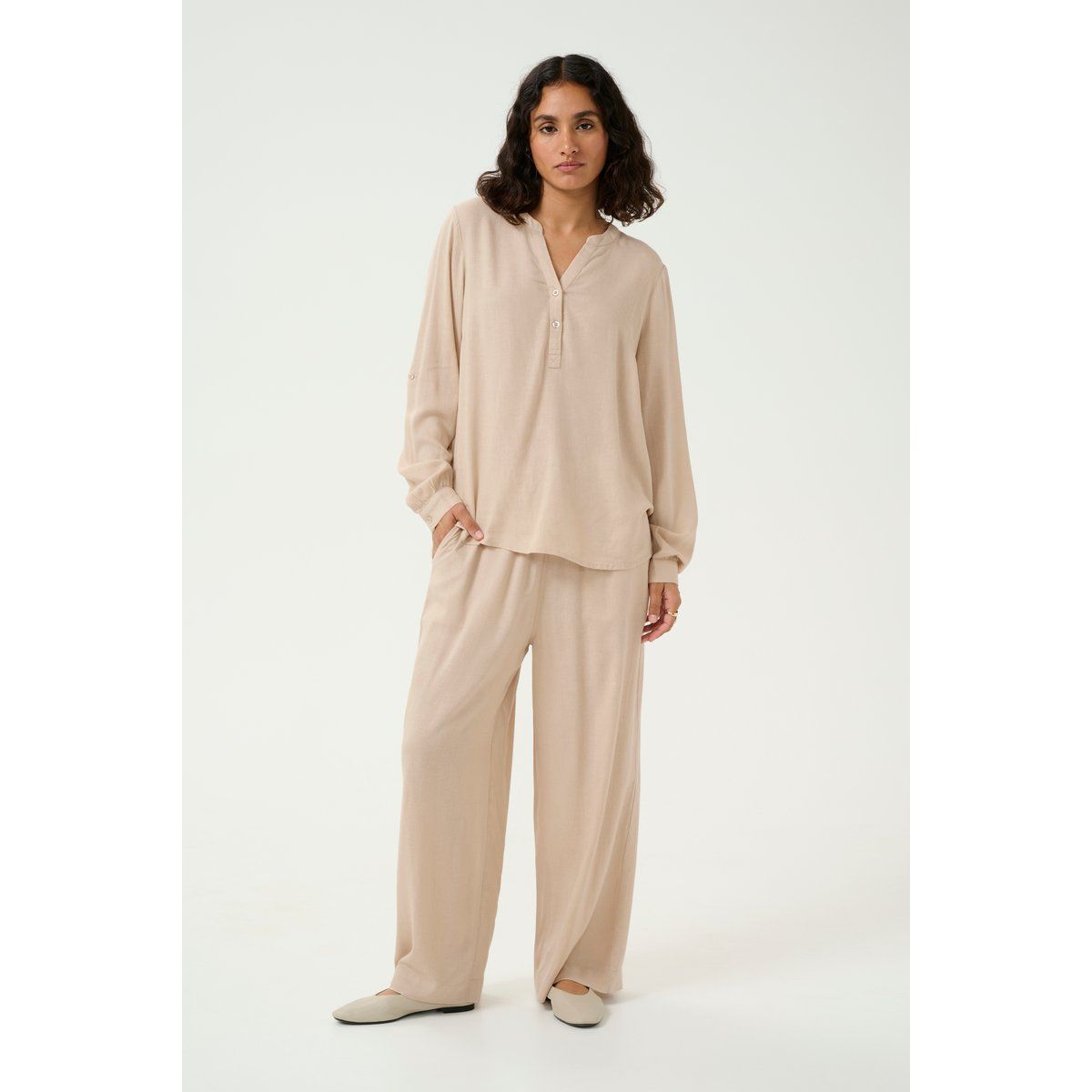 Creme Langarm Bluse mit Leinenmischung