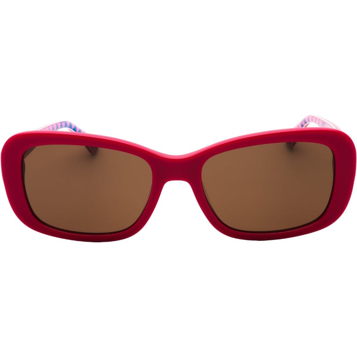 Rechteckige fuchsiafarbene Sonnenbrille mit braunen Gläsern