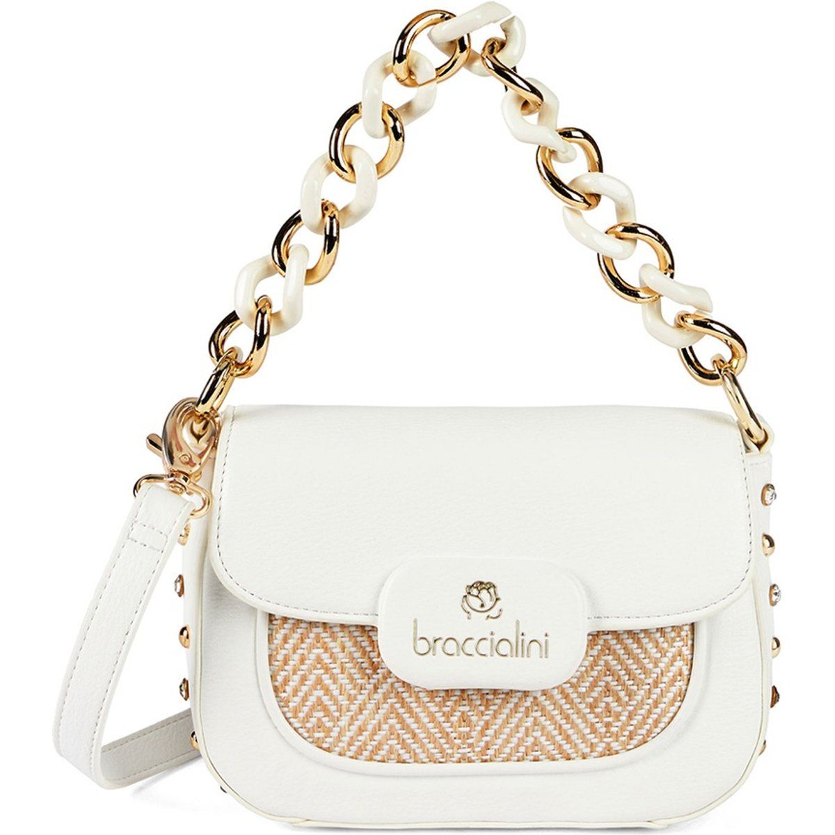 Schultertasche mit gewebtem Akzent und Kette