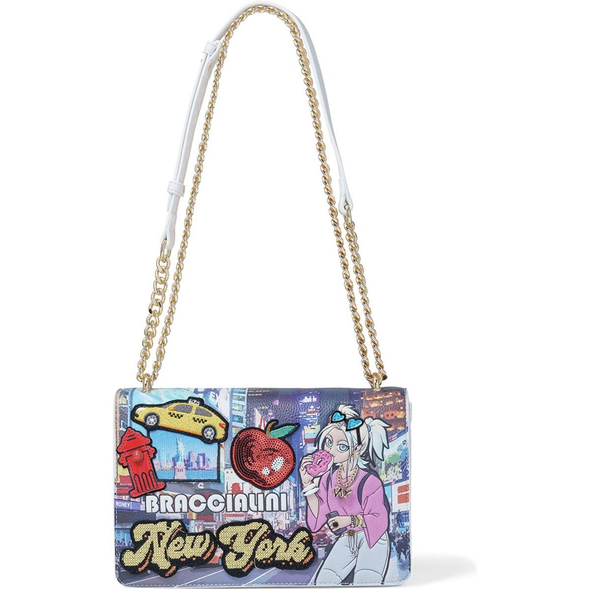 New York Schultertasche mit Comic-Print