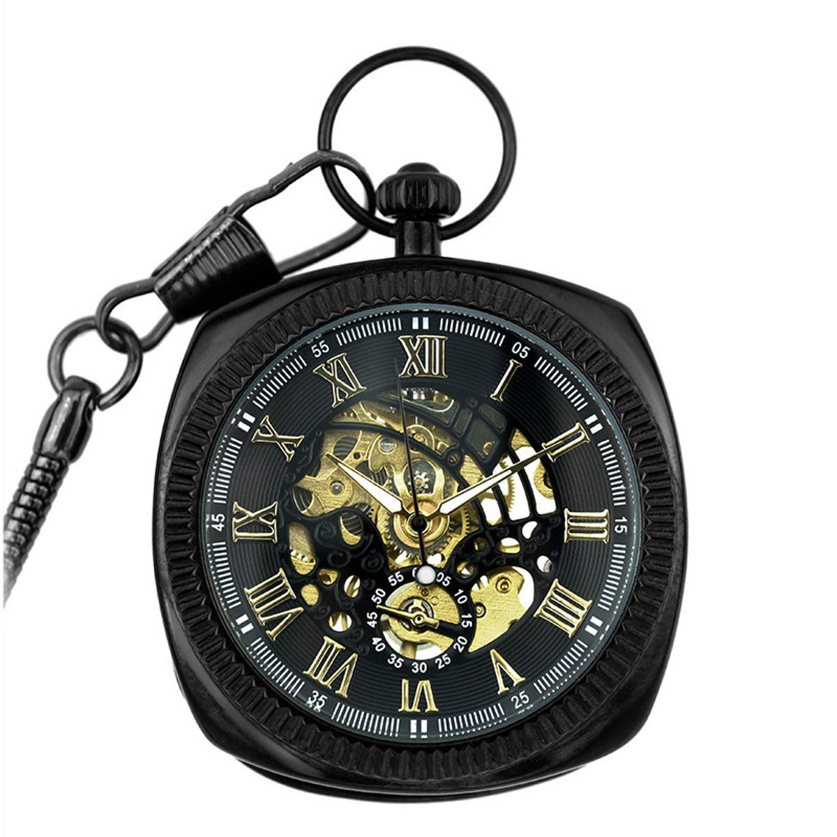 Schwarze und goldene Skelett-Taschenuhr