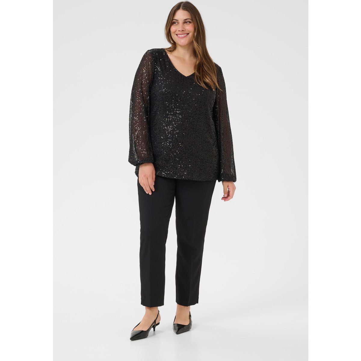 Paillettenbluse mit transparenten Ärmeln