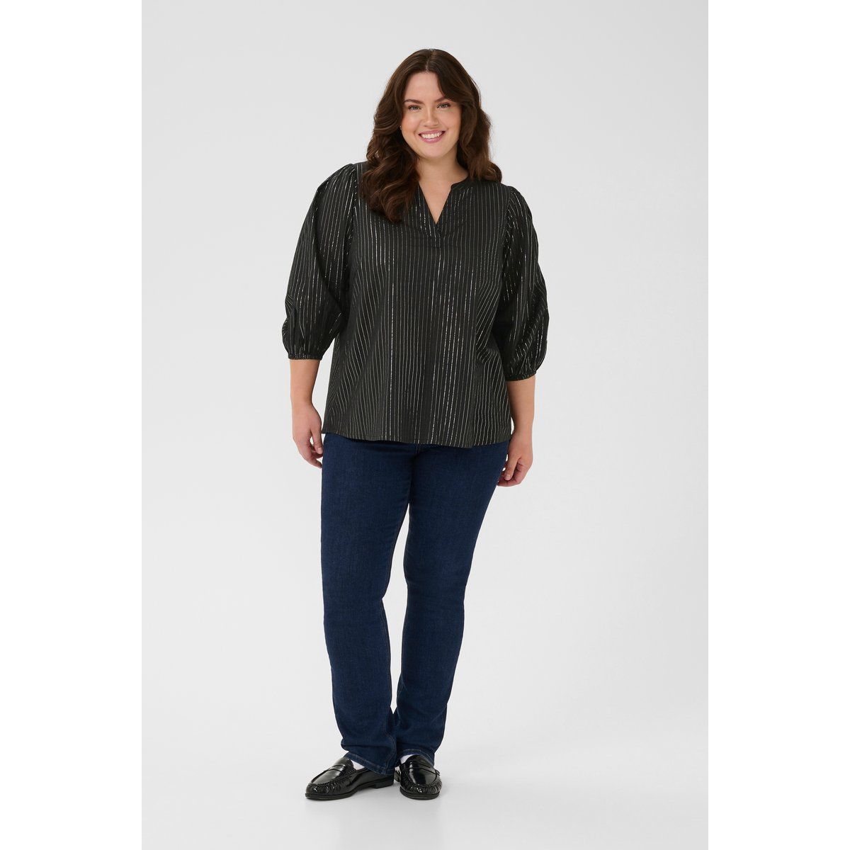 Gestreifte 3/4-Arm Bluse mit V-Ausschnitt