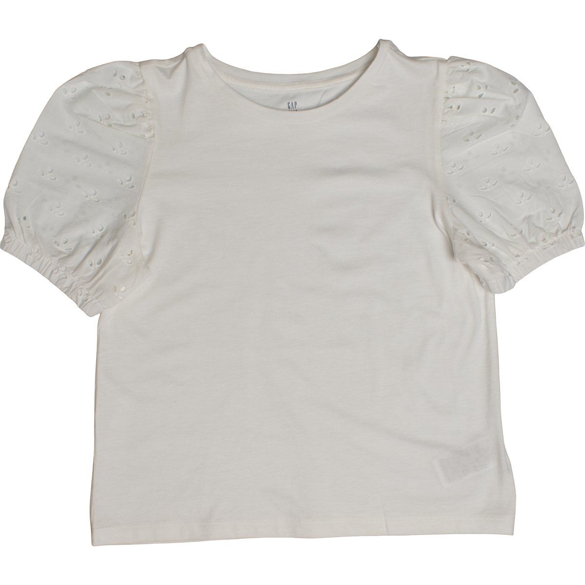 Weißes Mädchen-T-Shirt mit Lochstickerei und Puffärmeln