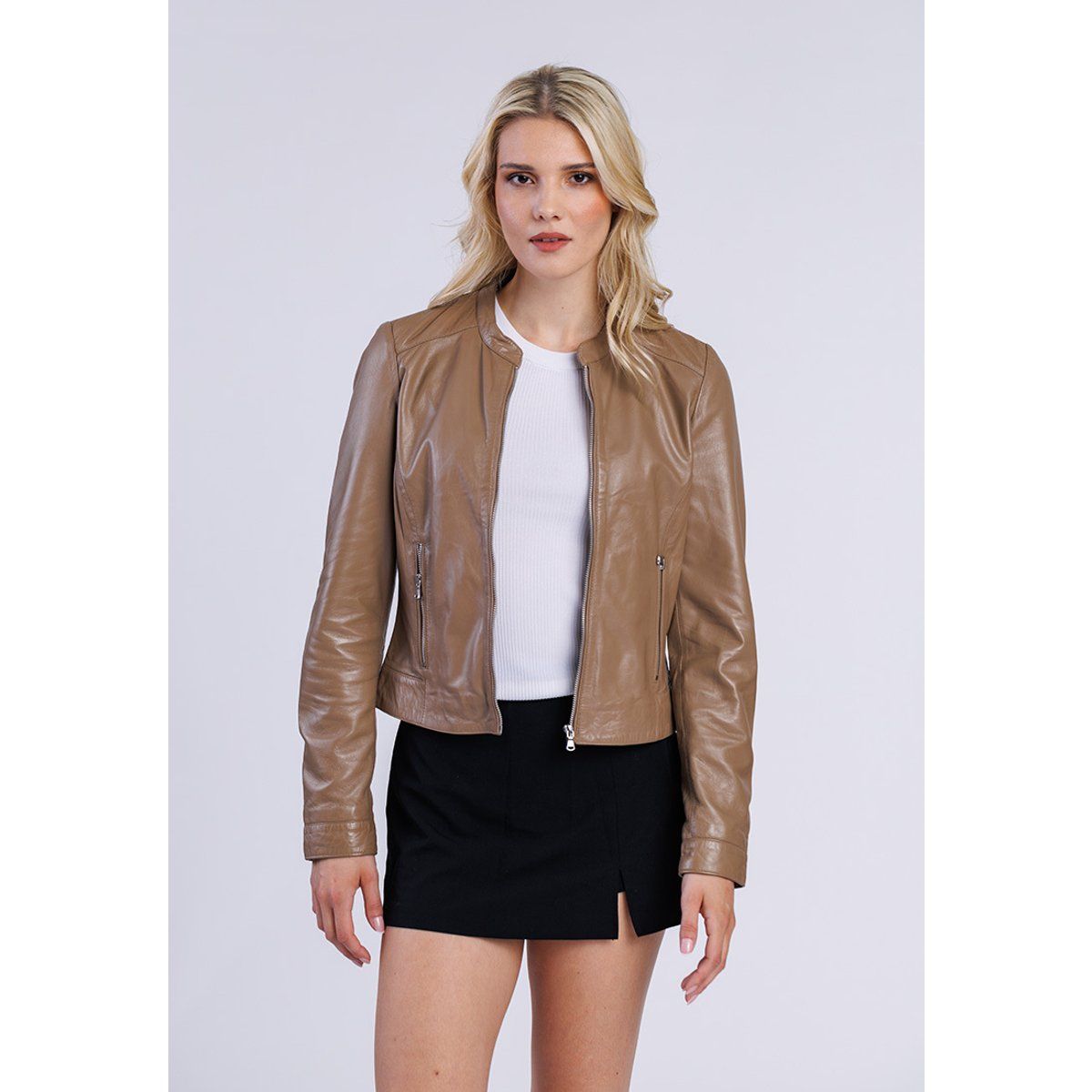 Elegante Kragenlose Leder-Bikerjacke