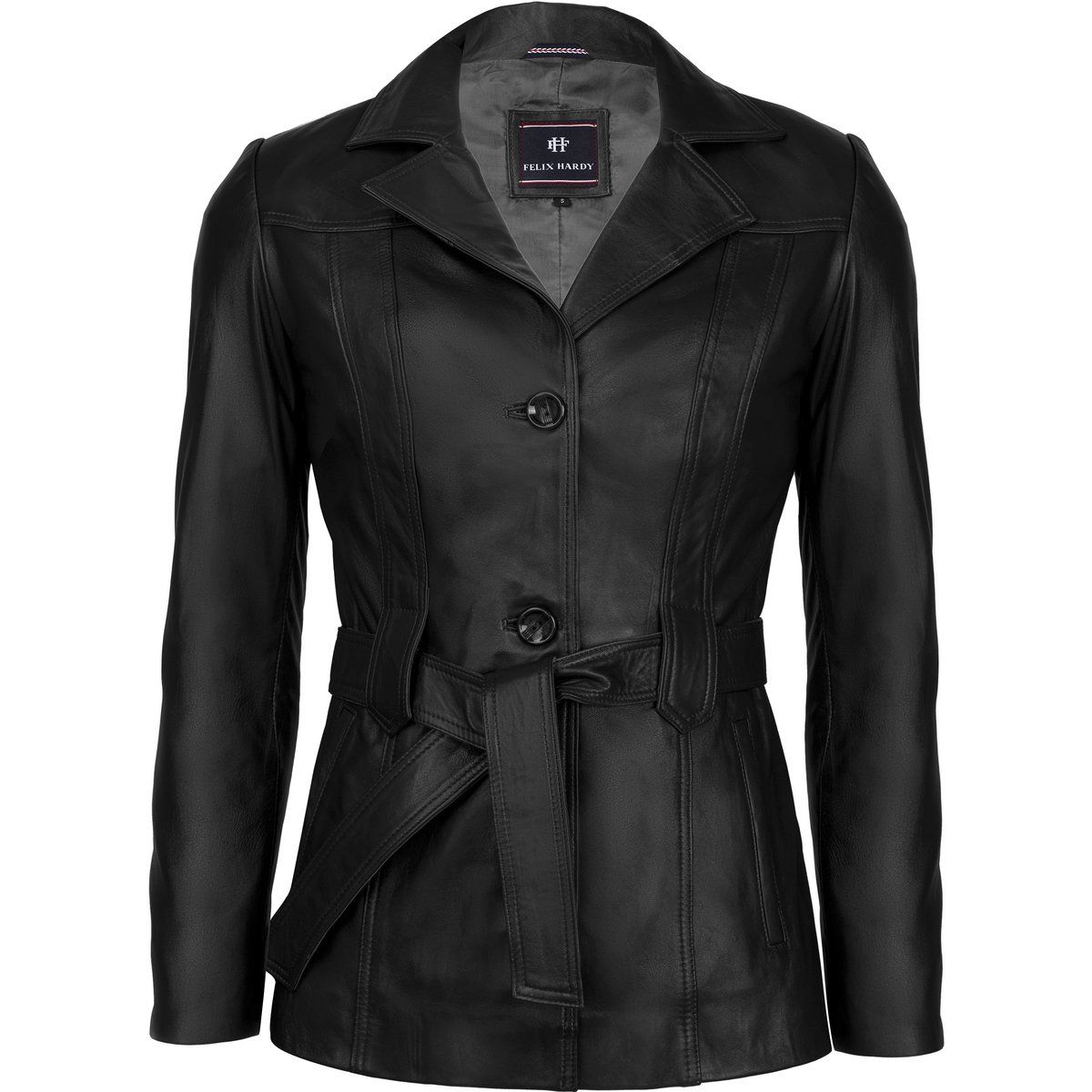 Gürtel-Kunstlederjacke mit Knöpfen