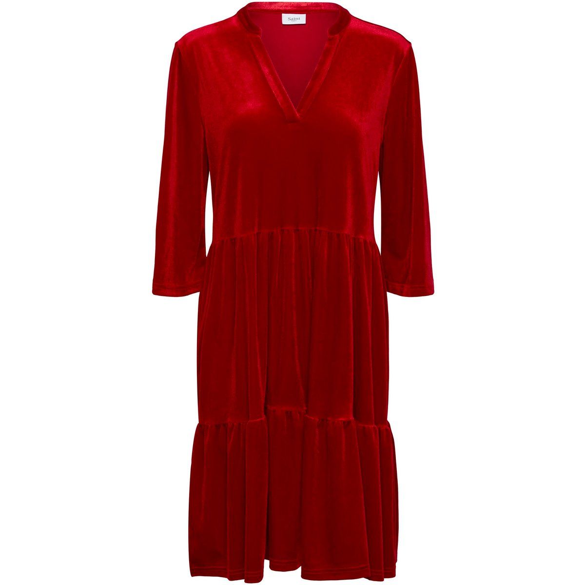 Rotes Samt-Stufenkleid mit V-Ausschnitt