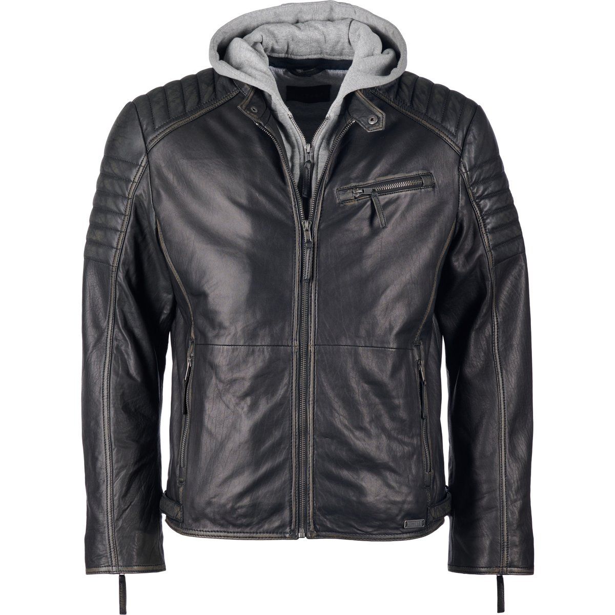 Schwarze Lederjacke mit Kapuze