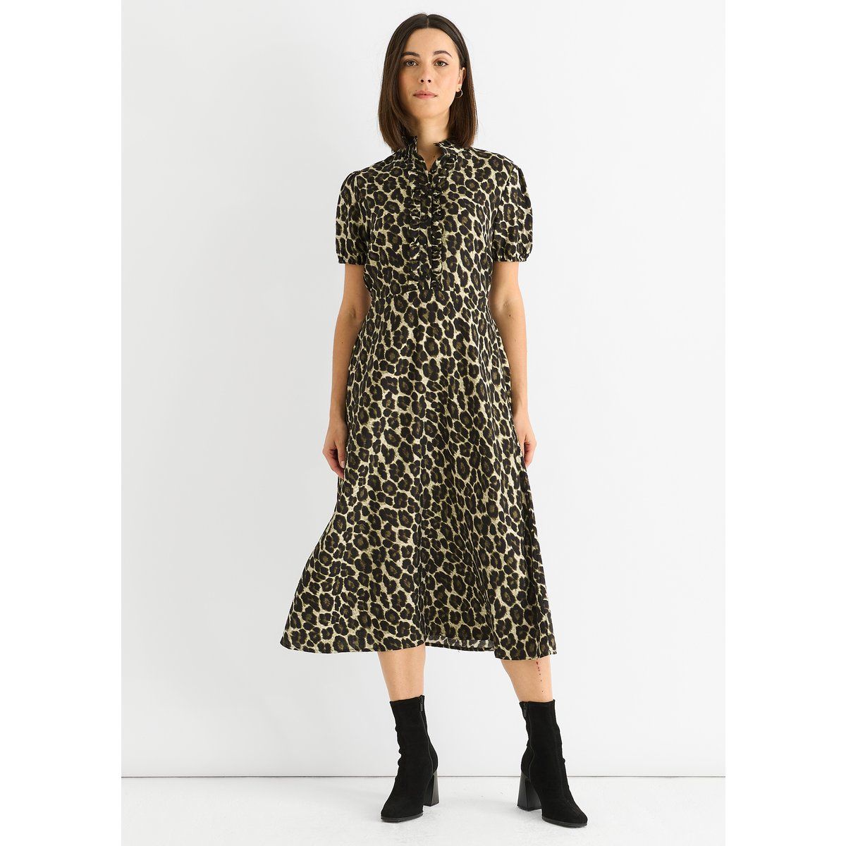 Midi-Kleid mit Tiermuster und Rüschenkragen