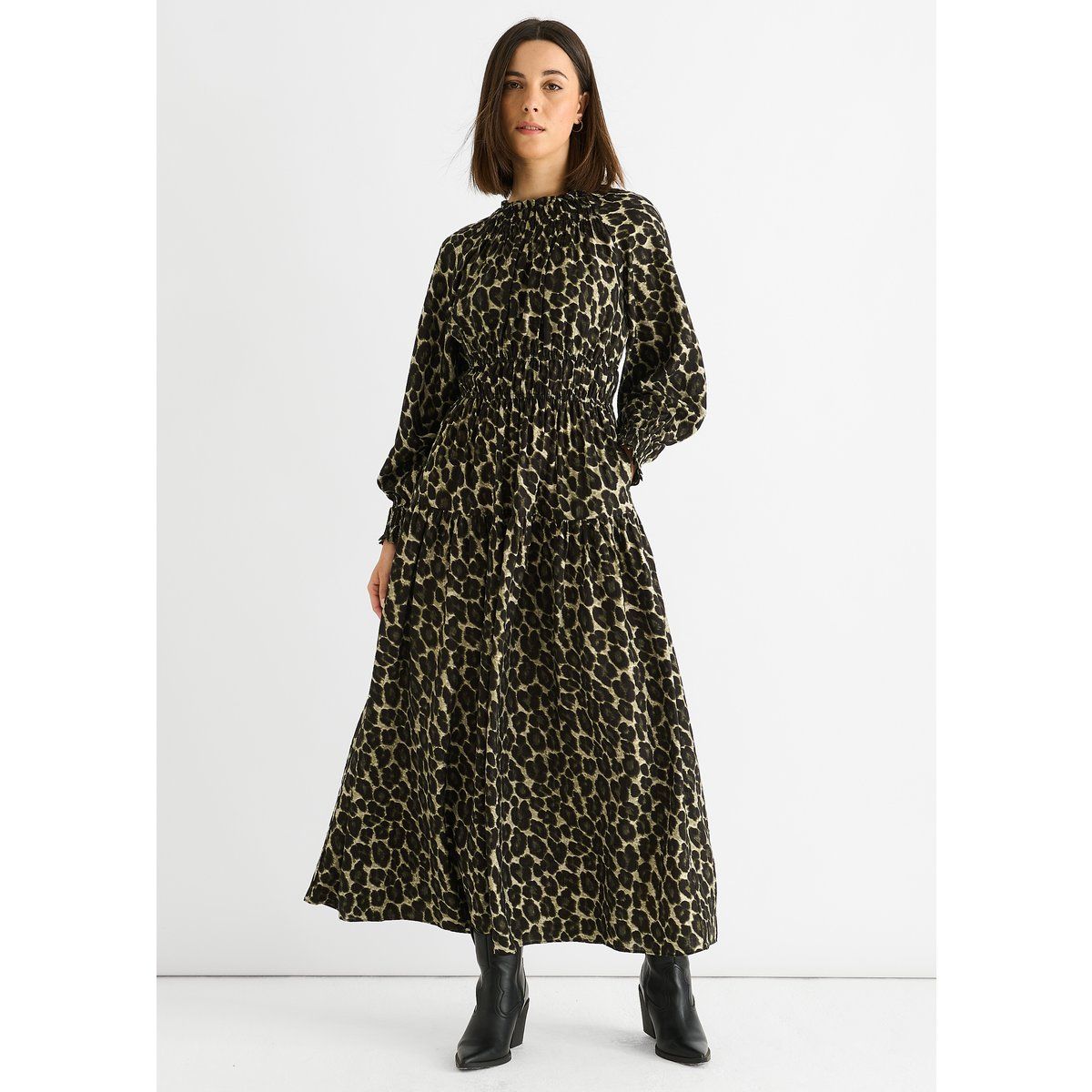Maxikleid mit Animal-Print und hohem Kragen