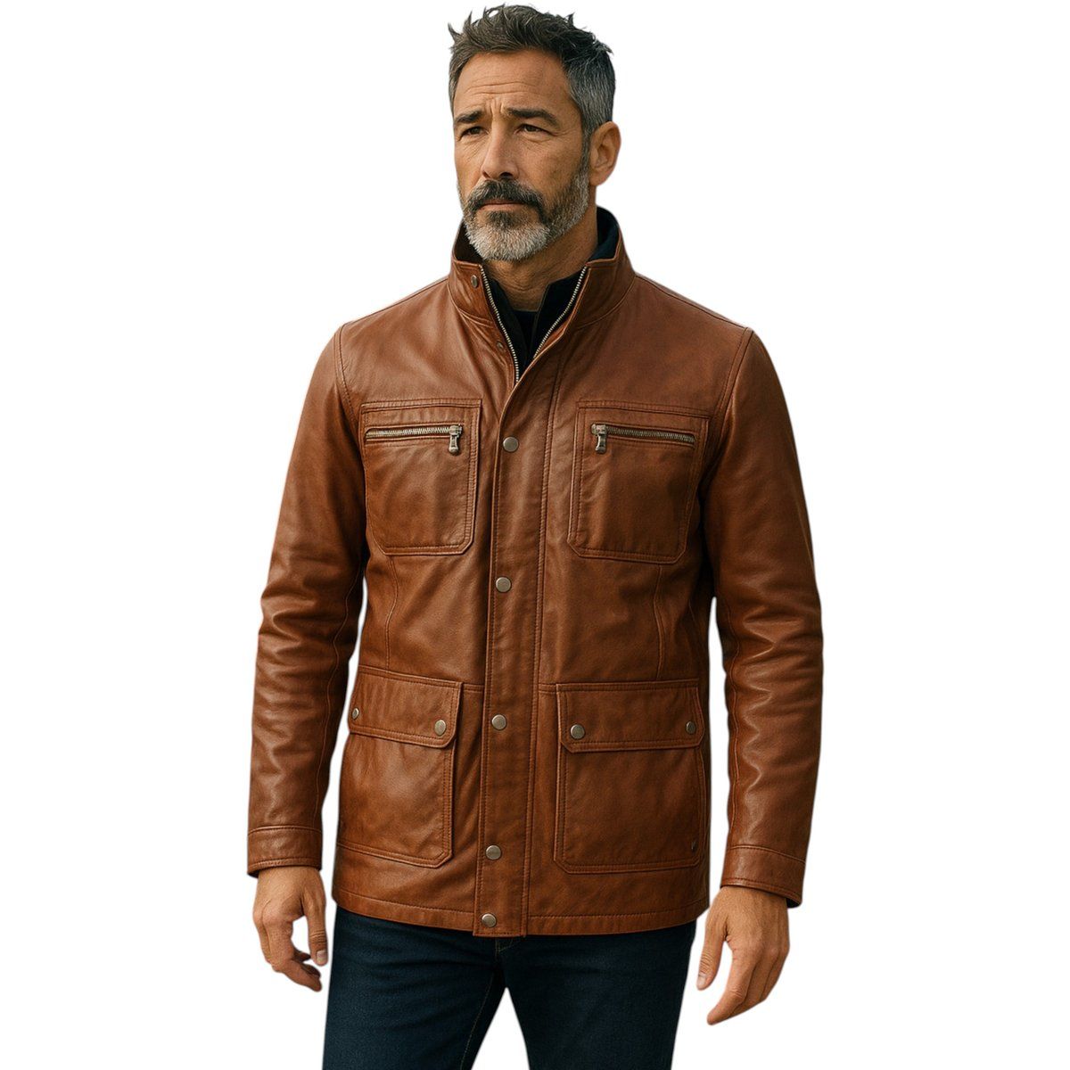 Herren-Militärjacke aus braunem Leder