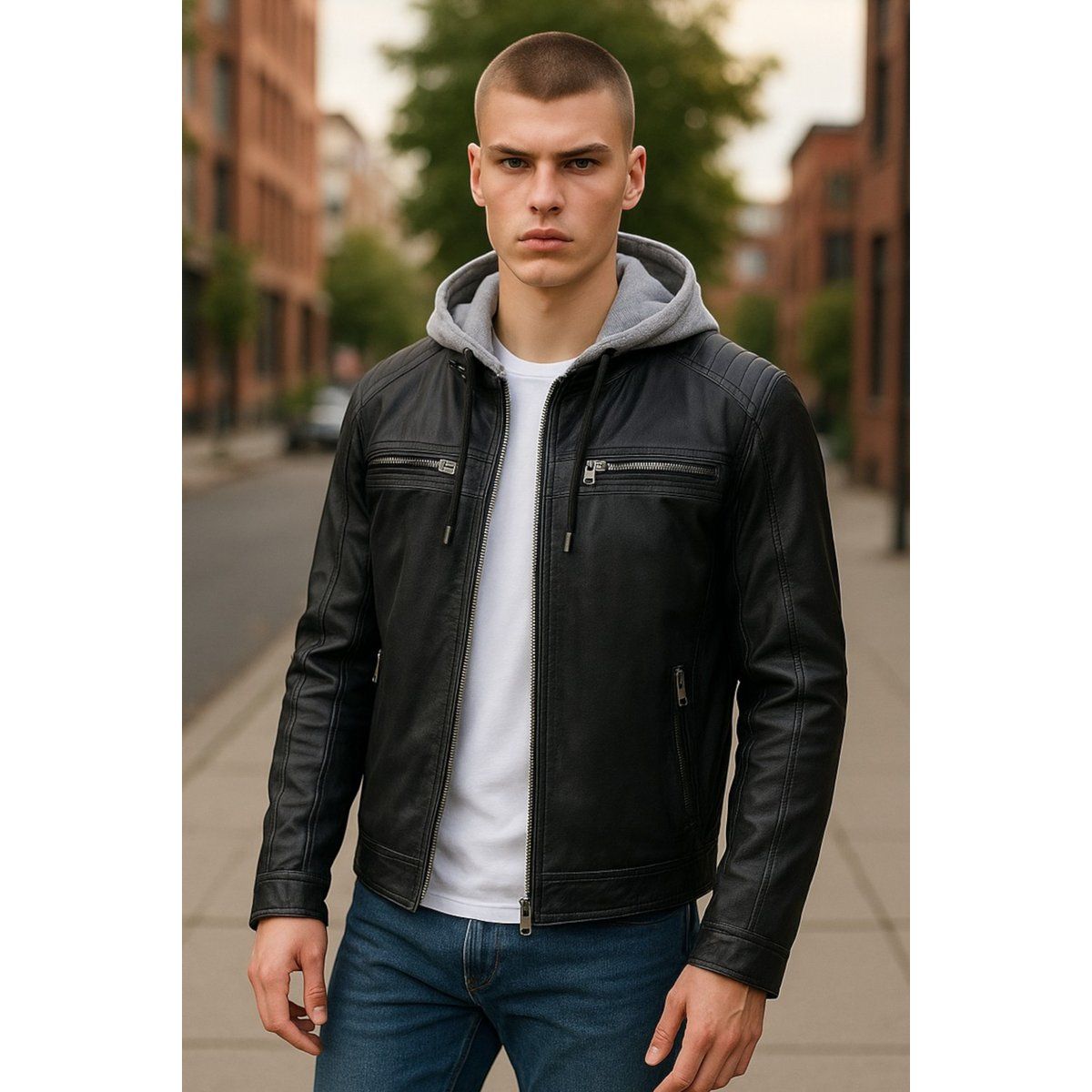Schwarze Herren-Lederjacke mit Kapuze im Biker-Stil
