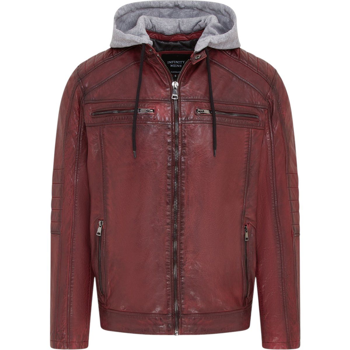 Burgunderfarbene Lederjacke mit Kapuze