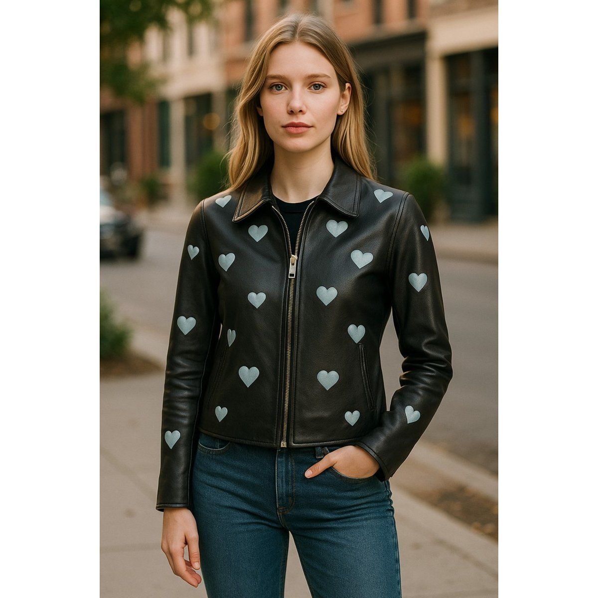 Schwarze Damen Bikerjacke aus Leder mit Herzen