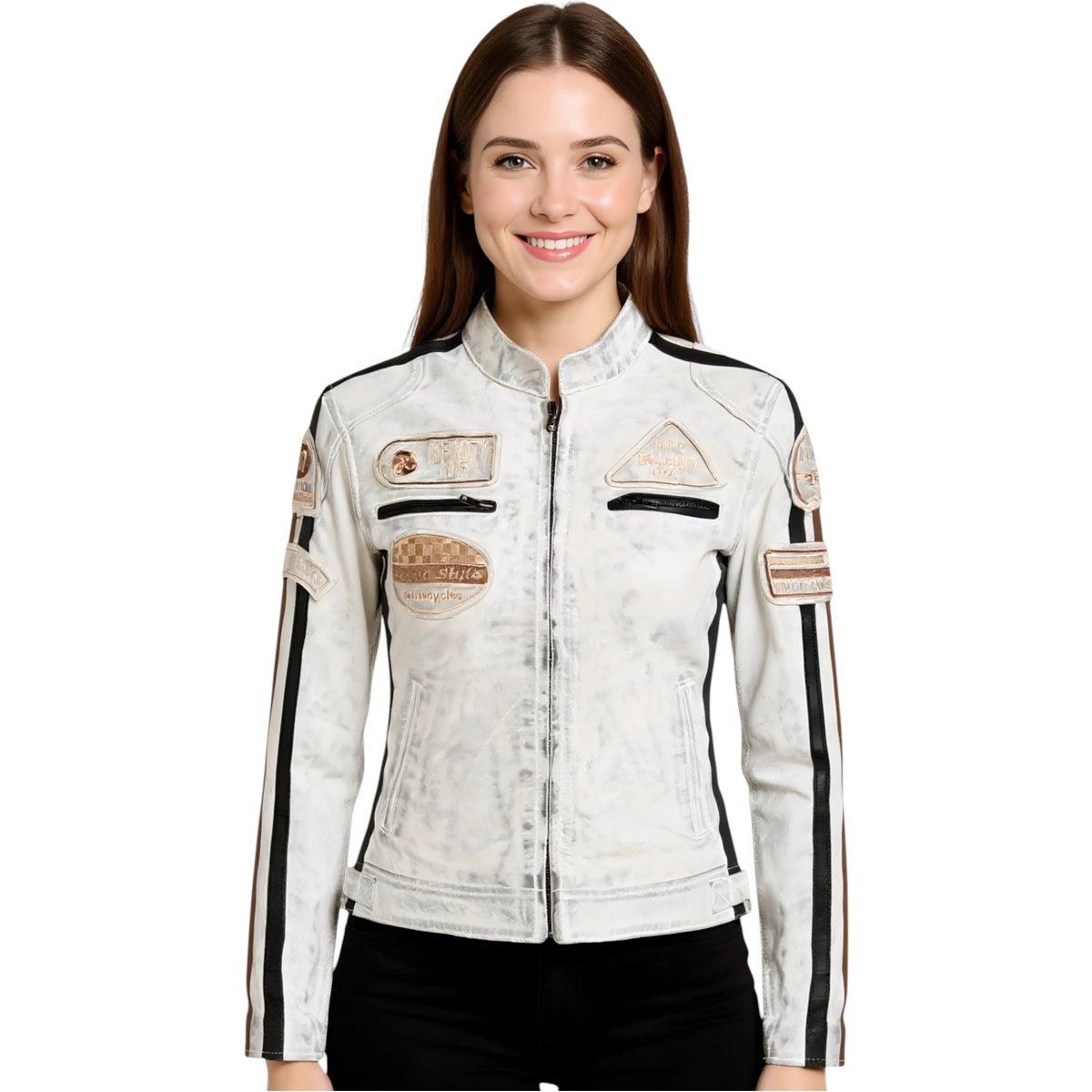 Damen Vintage Racer Leder Biker Jacke