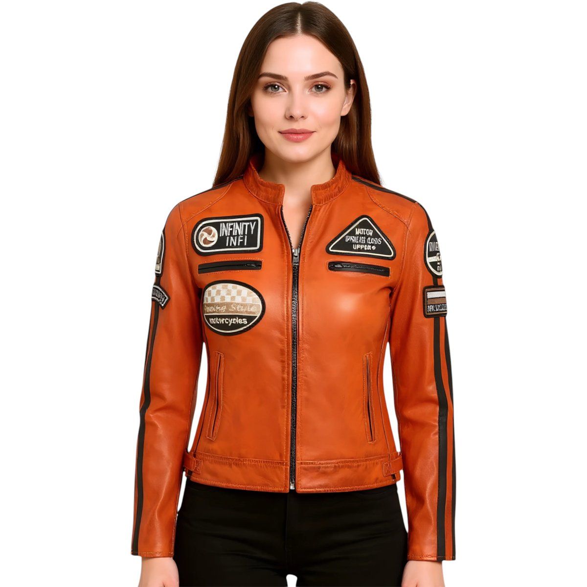 Leder-Bikerjacke mit Rennsport-Applikationen