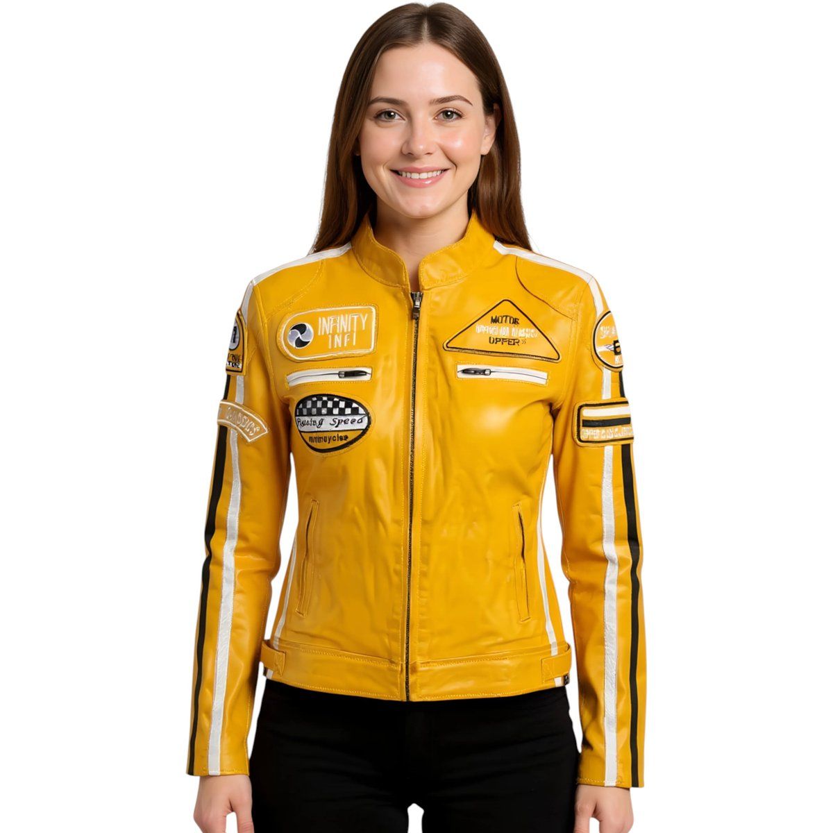 Gelbe Damen-Rennlederjacke für Motorradfahrer