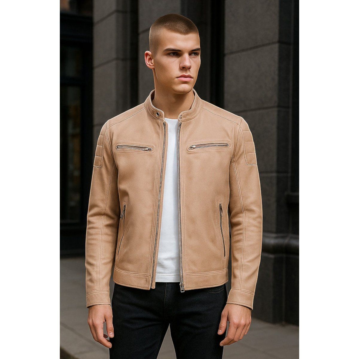 Beige Klassische Gesteppte Leder-Bikerjacke