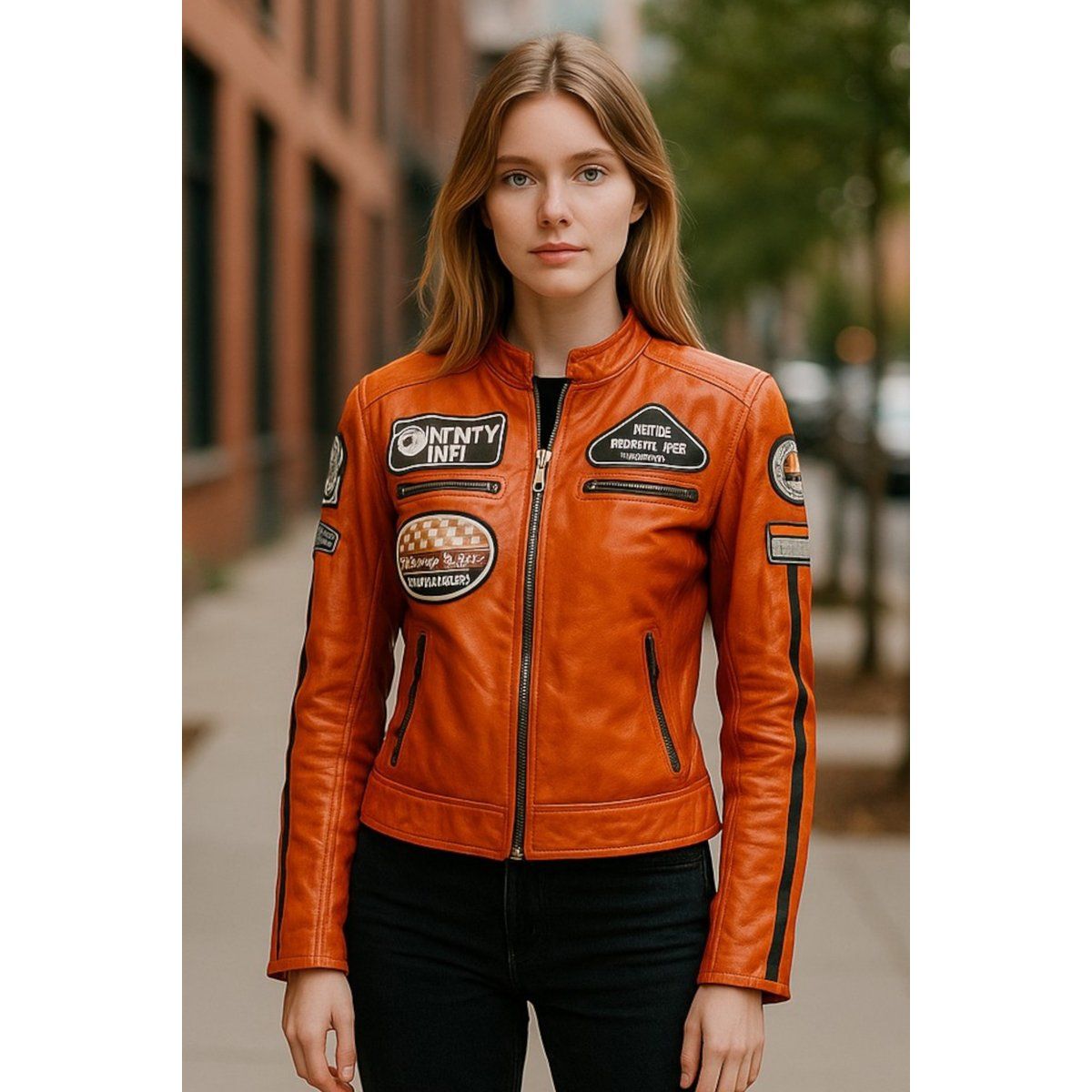 Damen Orange Biker Racing Lederjacke