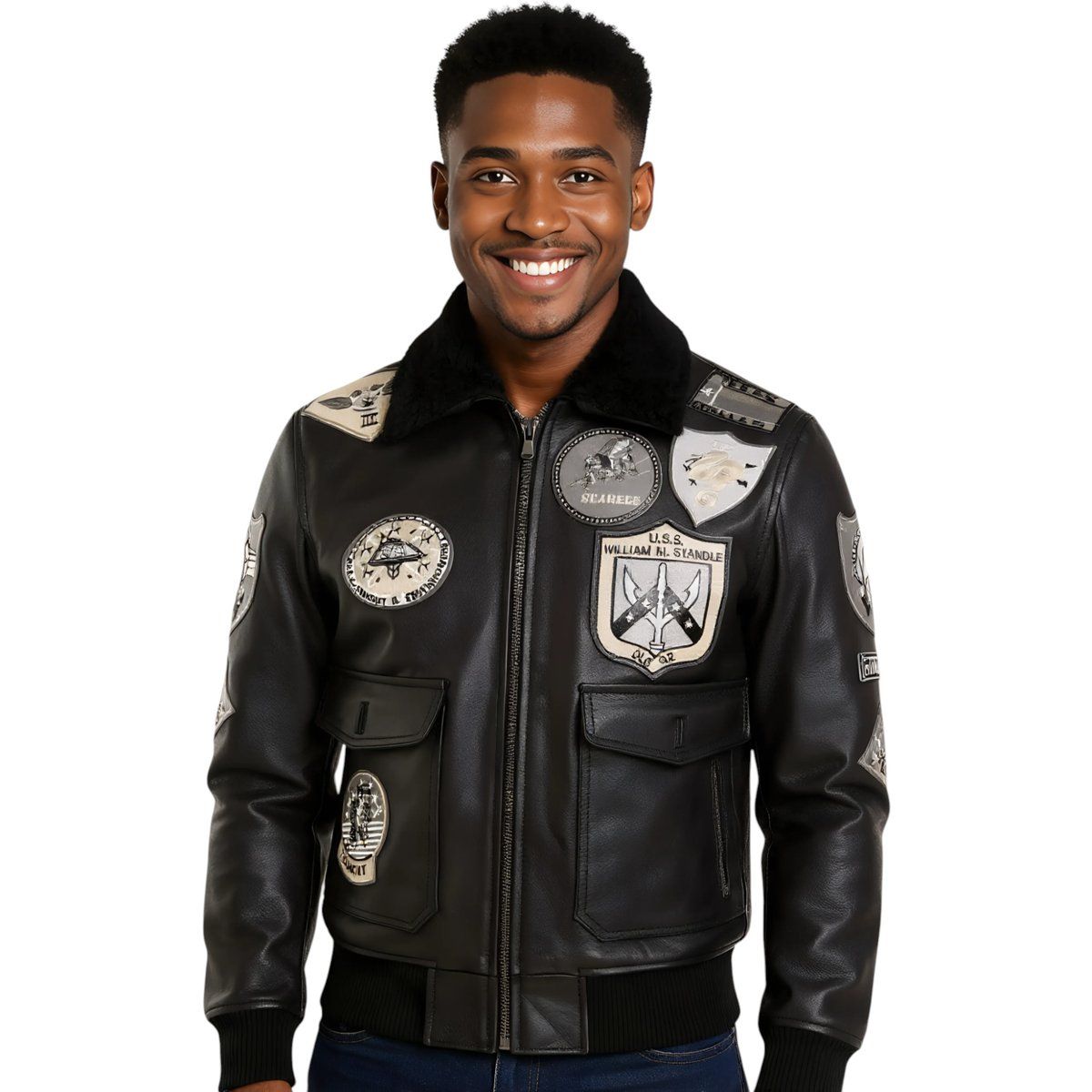 Schwarze Top Gun Bomberjacke aus Leder