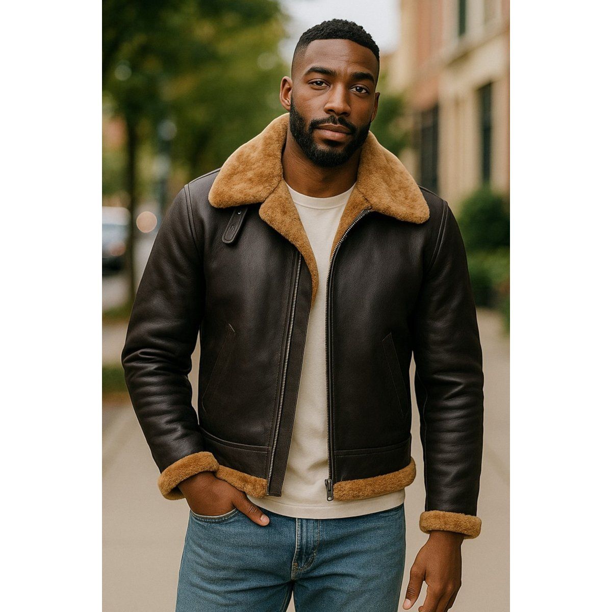 Braune Shearling-Leder-Fliegerjacke