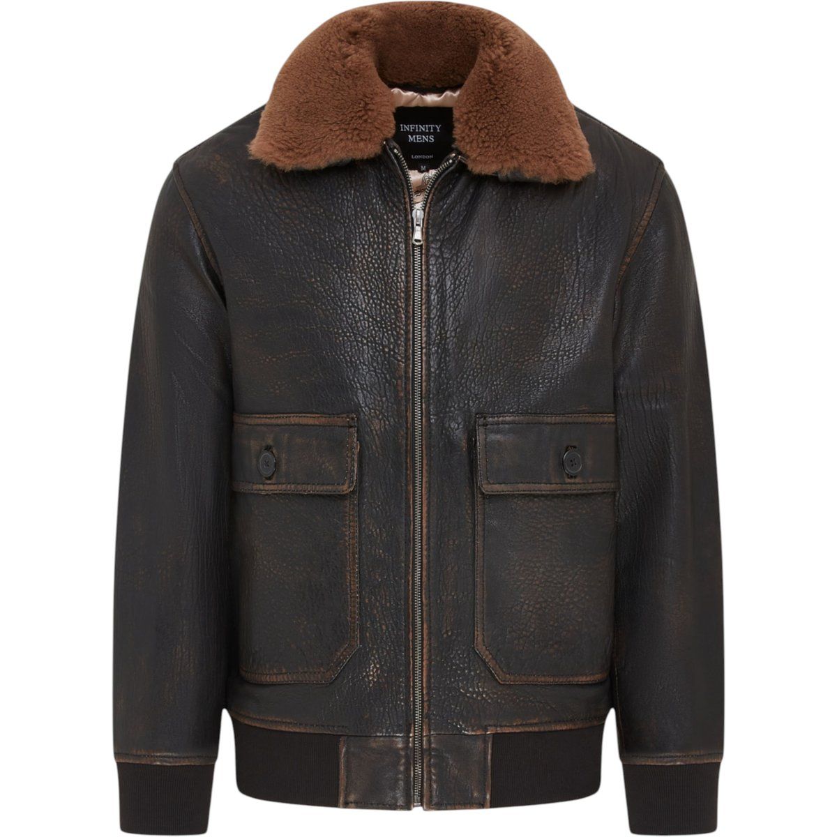 Braune Lederfliegerjacke mit Shearling-Kragen