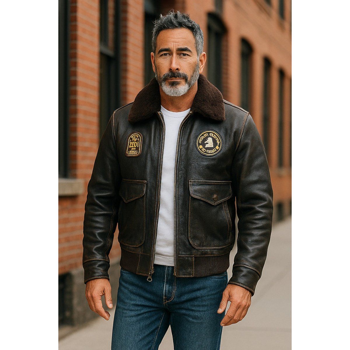 Lederbomberjacke mit Shearling-Kragen