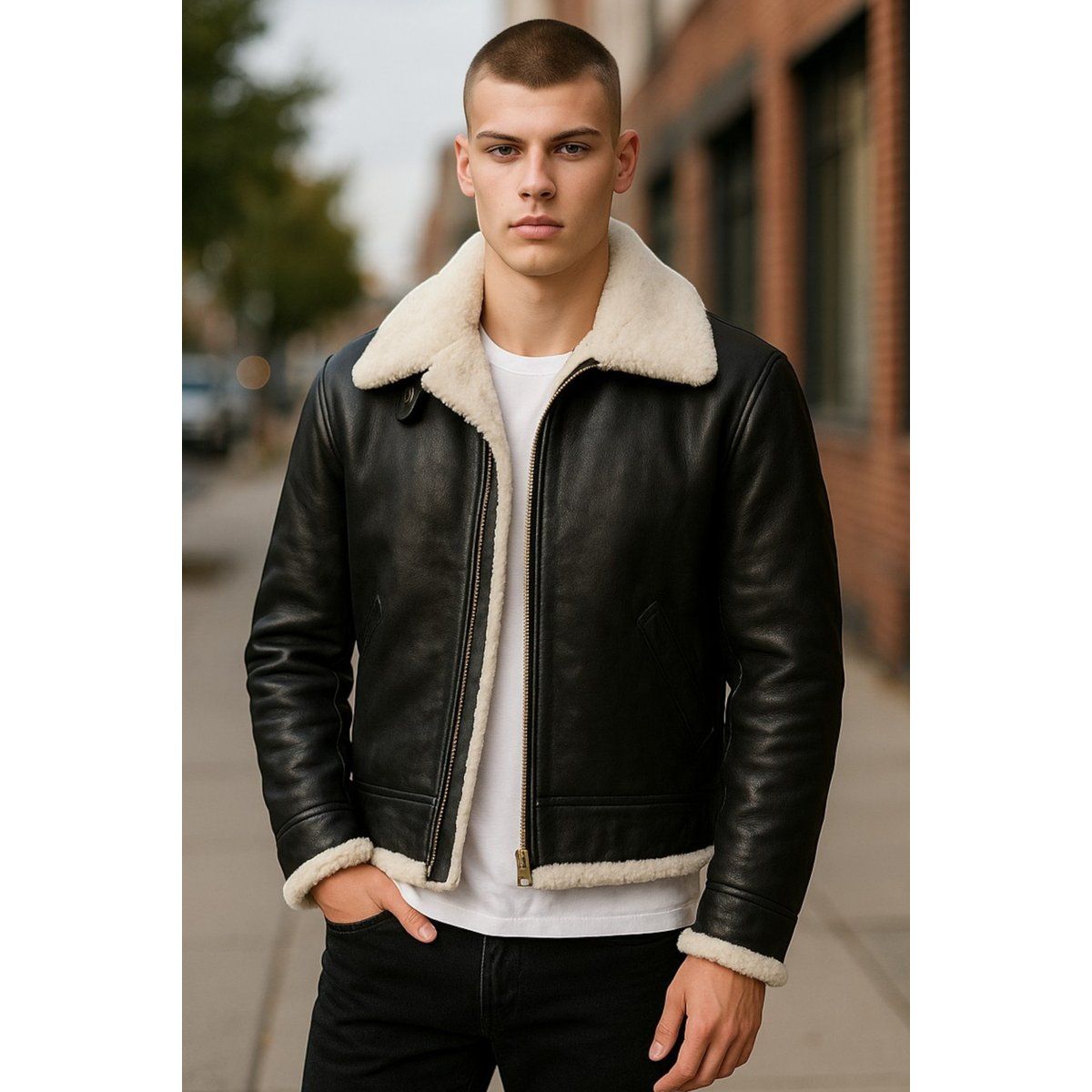 Klassische Shearling-Fliegerjacke