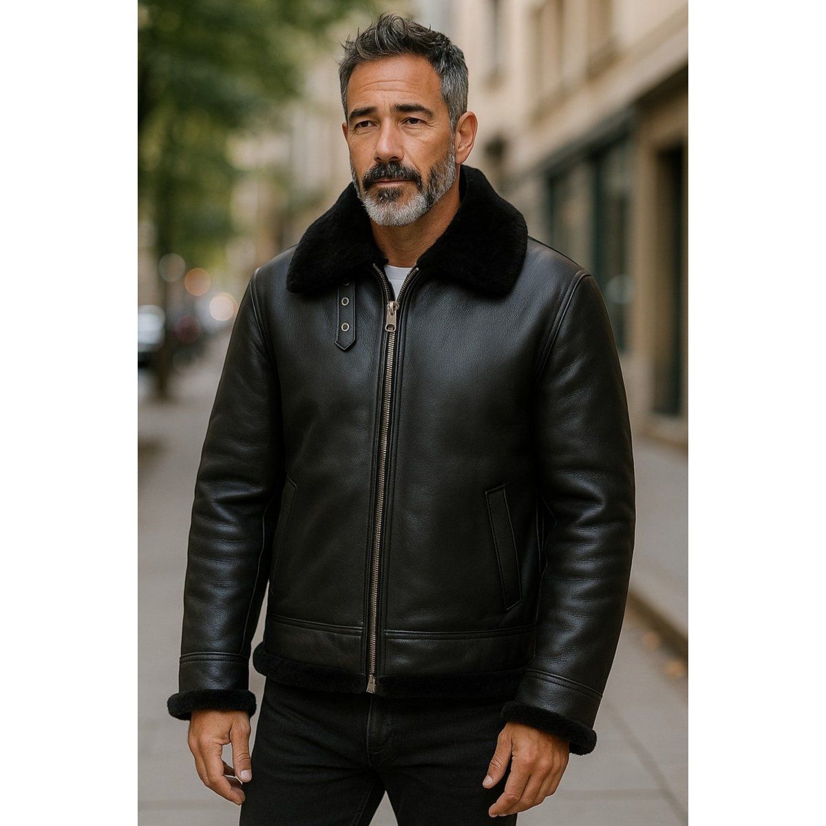 Klassische Shearling-Lederjacke im Fliegerstil