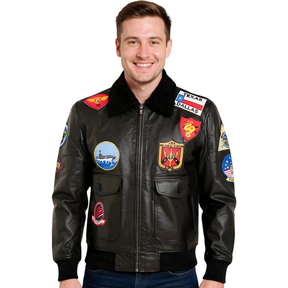 Schwarze Top Gun Leder Bomberjacke für Herren