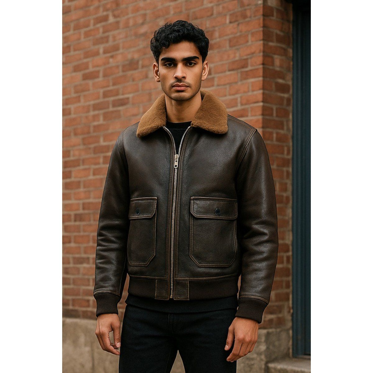 Braune Lederbomberjacke mit Shearling-Kragen