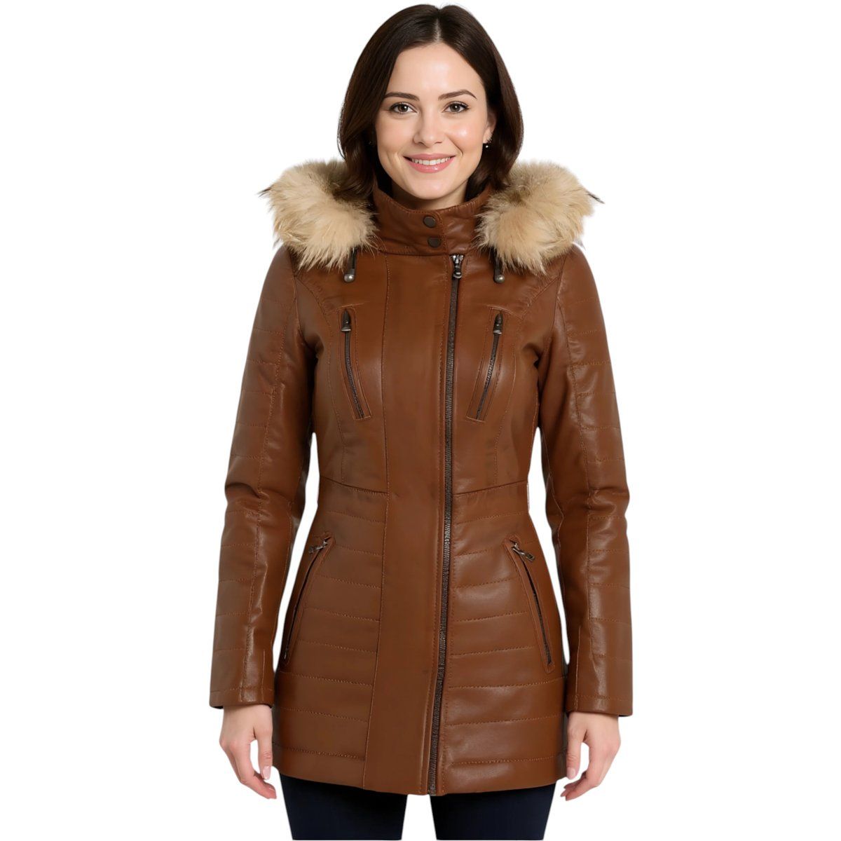 Brauner gesteppter Lederparka mit Fellkapuze