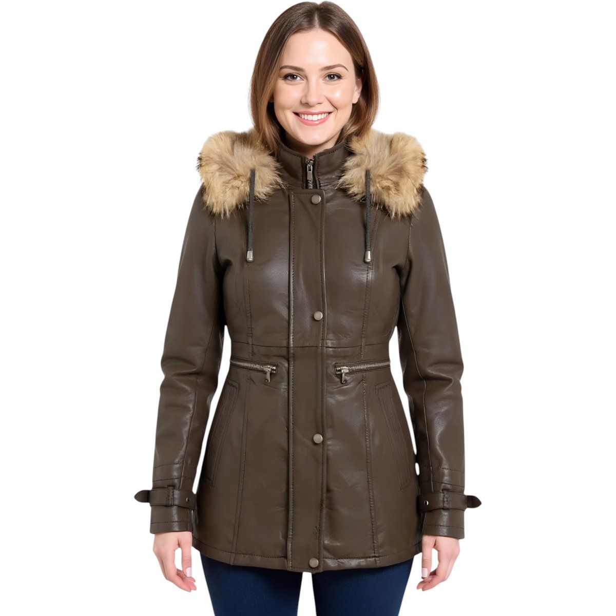Lederparka mit Kapuze und Kunstfellbesatz