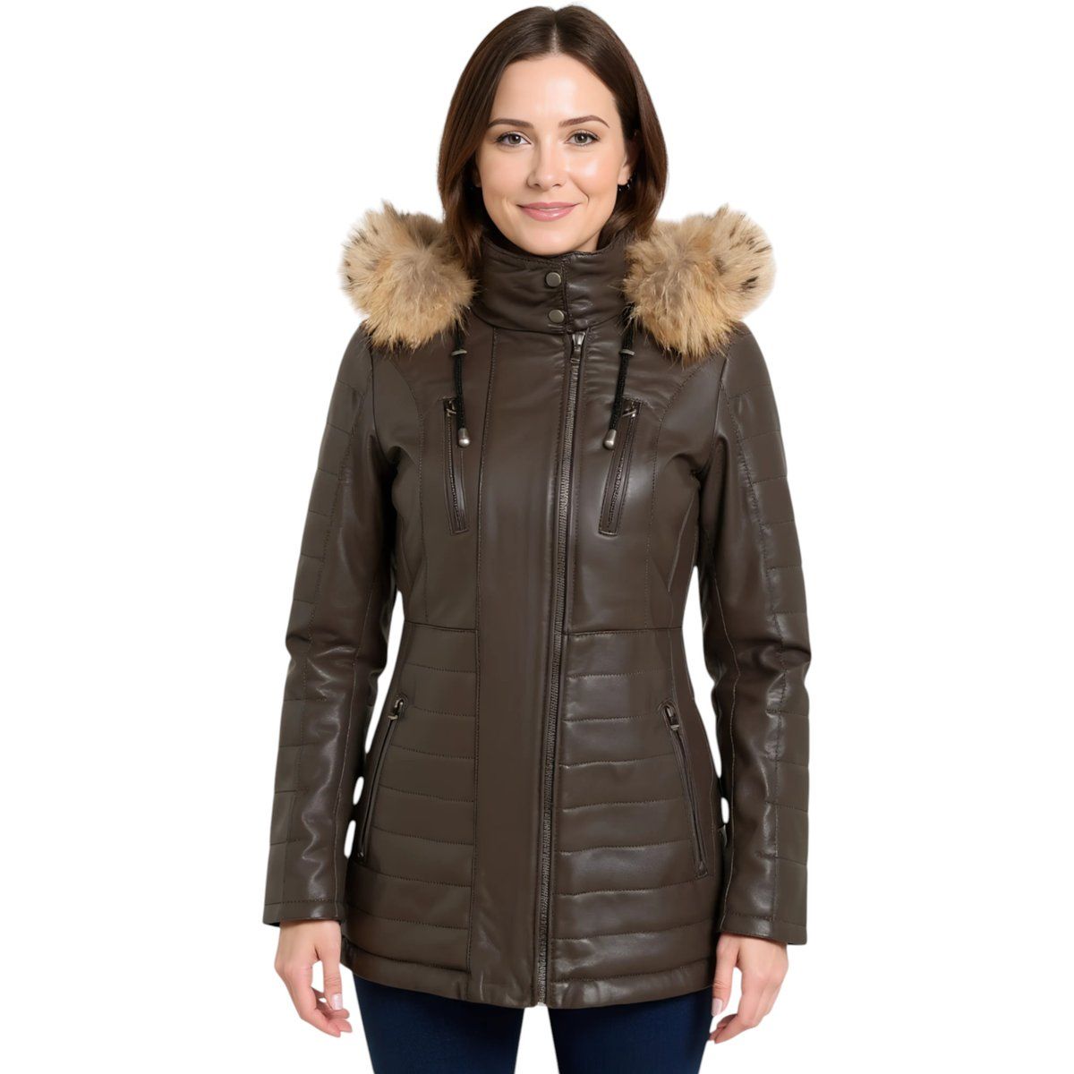 Brauner gesteppter Lederparka mit Fellkapuze