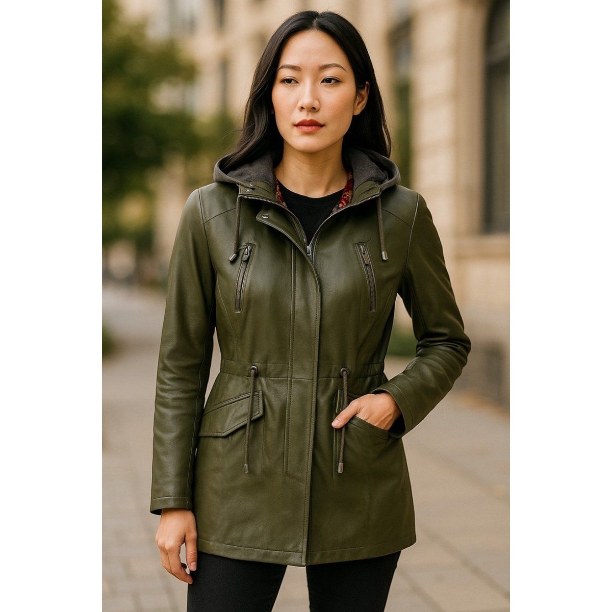 Grüne Leder Parkajacke mit Kapuze Damen