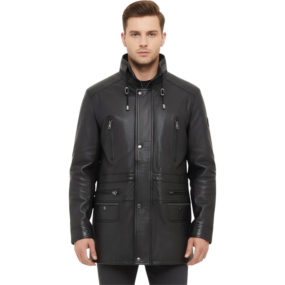Herren Leder Parka Mantel Schwarz