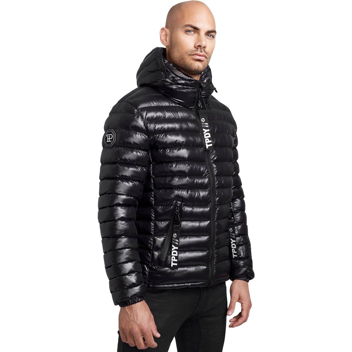 Glänzende gesteppte Pufferjacke mit Kapuze