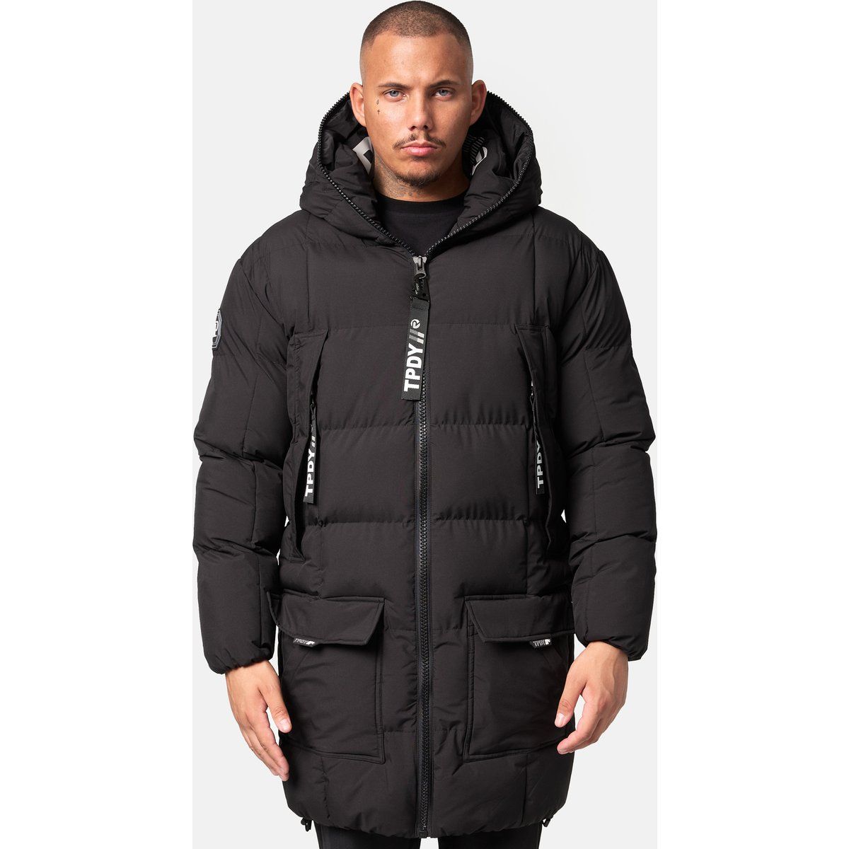 Lange Steppjacke mit Kapuze