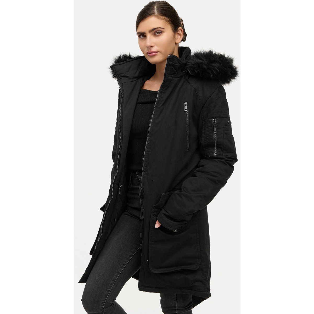 Winterparka mit Kapuze und Kunstfellbesatz