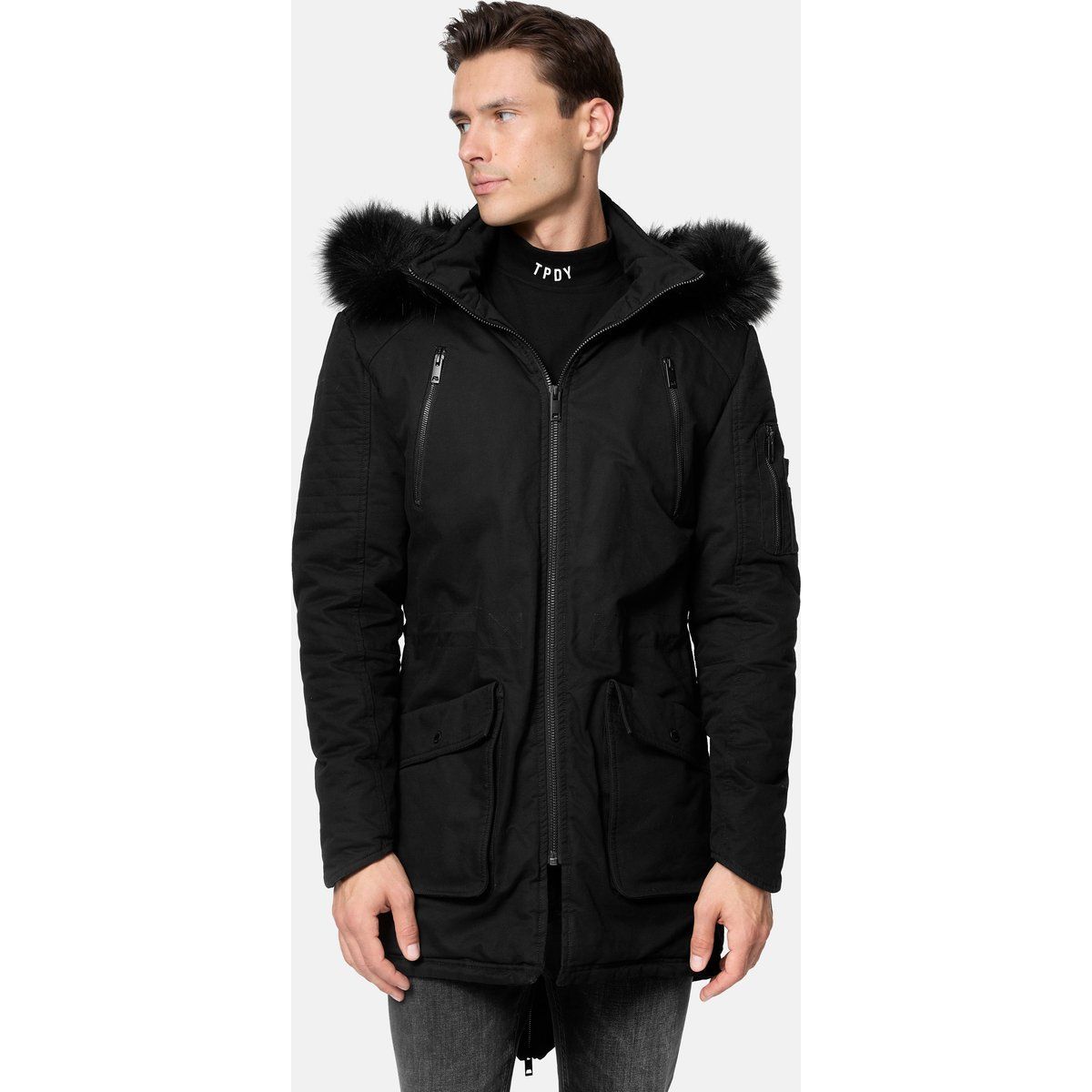 Herren Parka mit Kapuze und Kunstfellbesatz