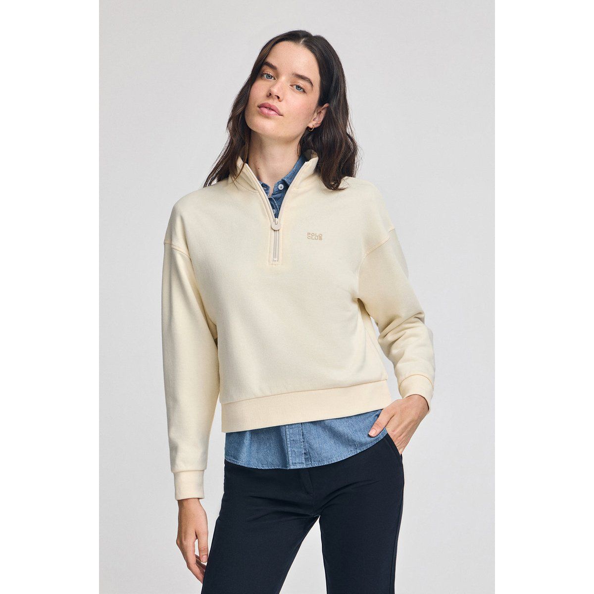 Ecru Boxy Fit Sweatshirt mit Halbreißverschluss