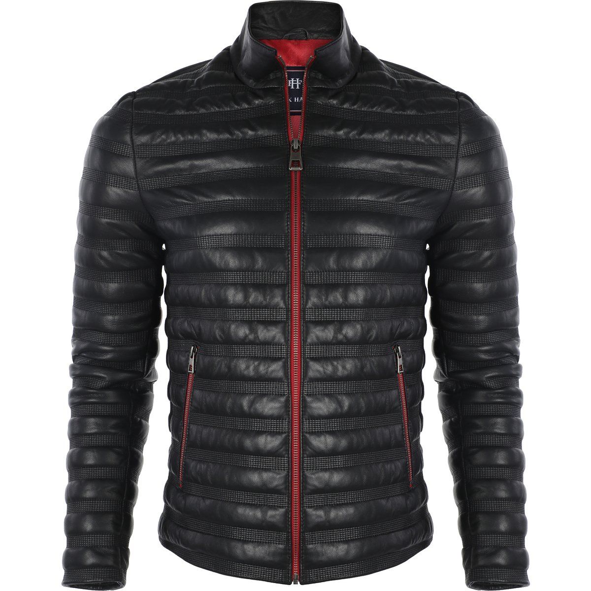 Schwarze gesteppte Lederjacke mit rotem Reißverschluss