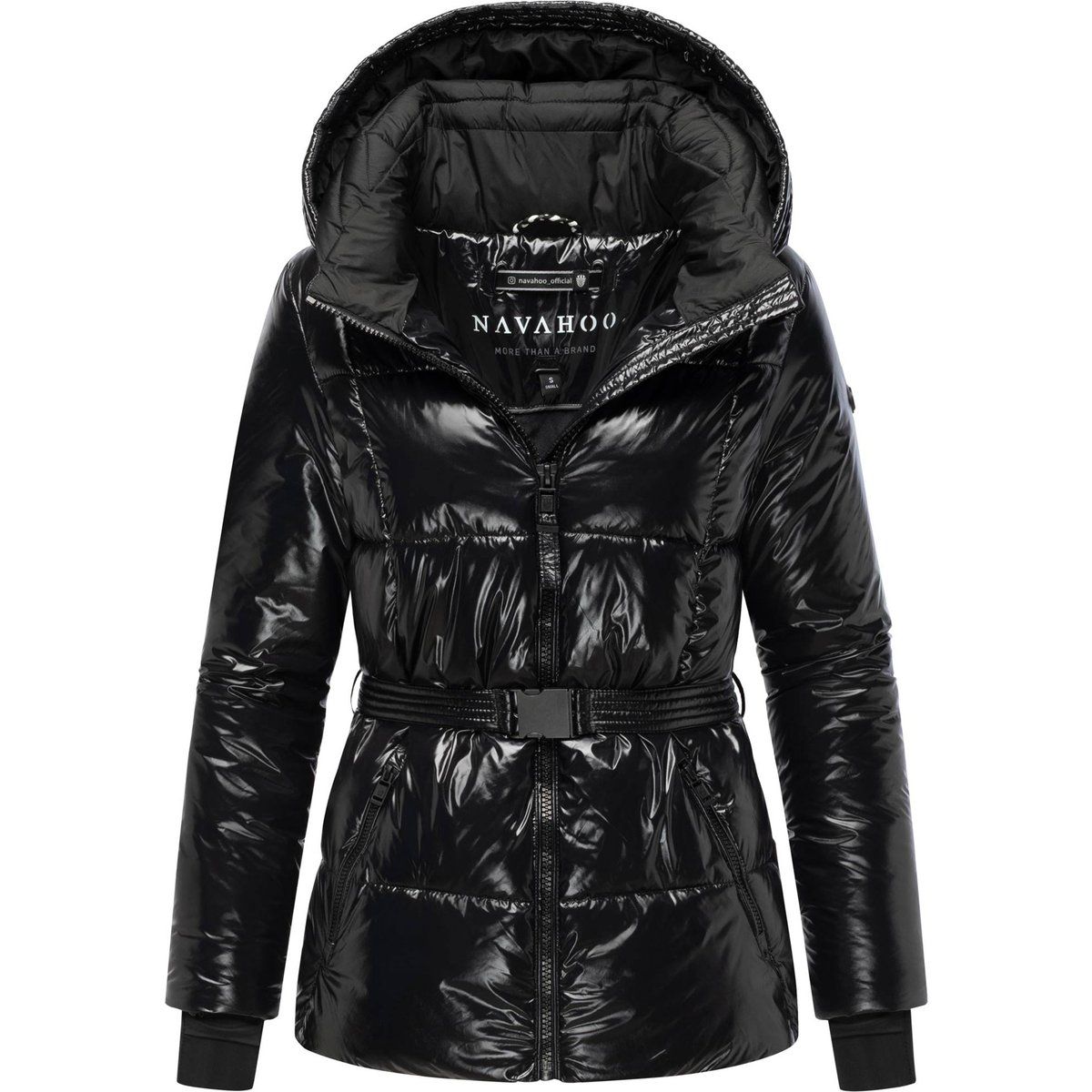 Glänzende Gürtel-Steppjacke mit Kapuze