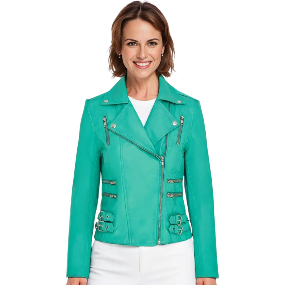 Aqua Blaue Leder Bikerjacke