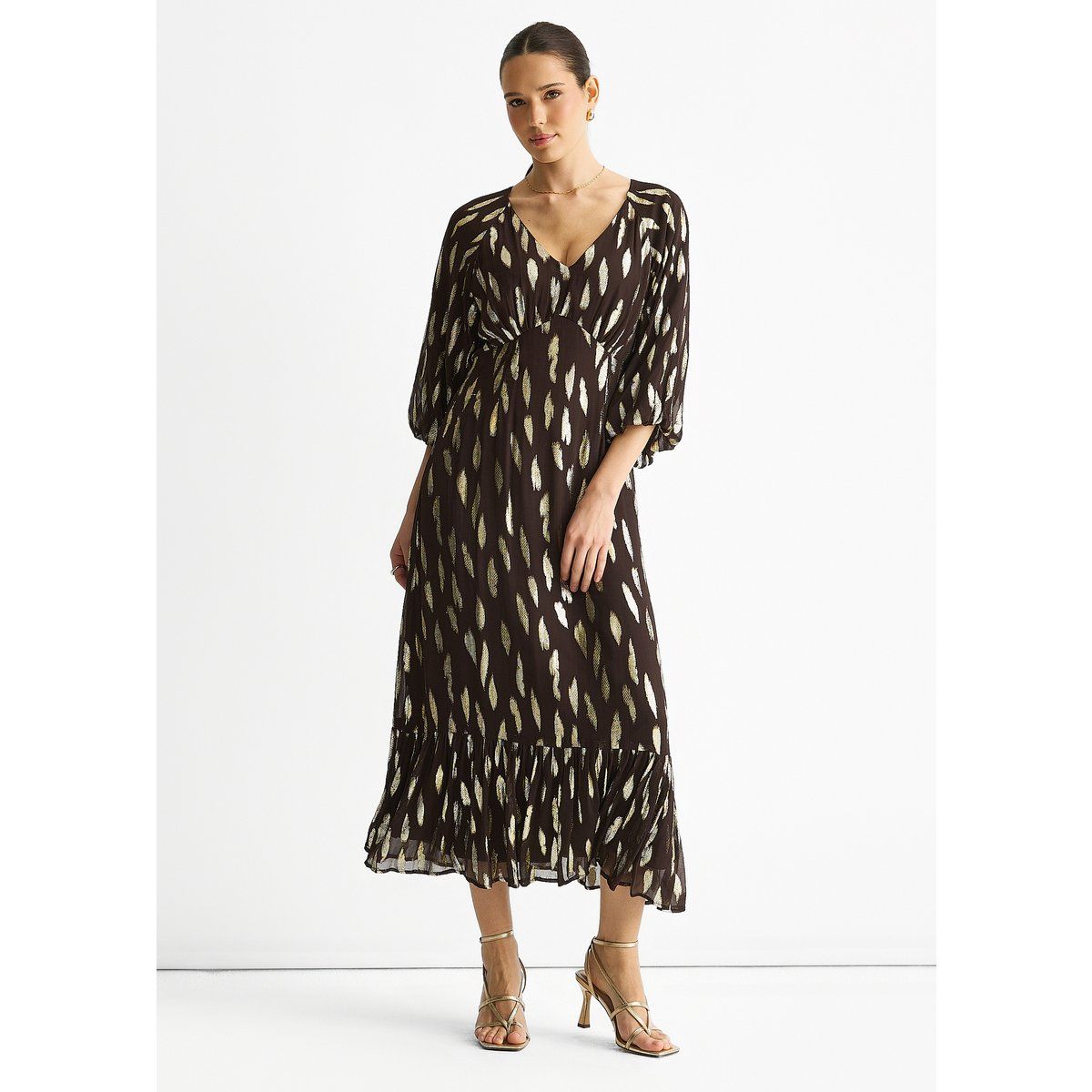 Schokoladenfarbenes Viskose-Midikleid mit Ärmeln