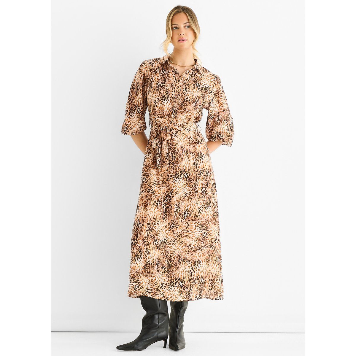 Midikleid mit Tierdruck und Bindegürtel