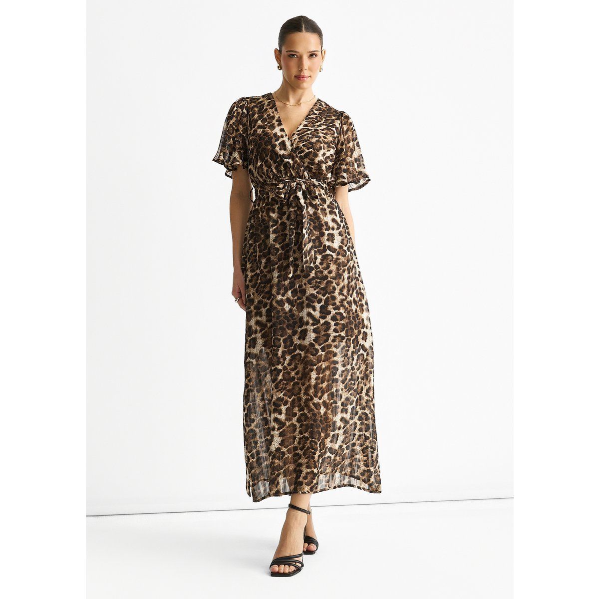 Braunes Chiffon-Maxikleid mit Animal-Print