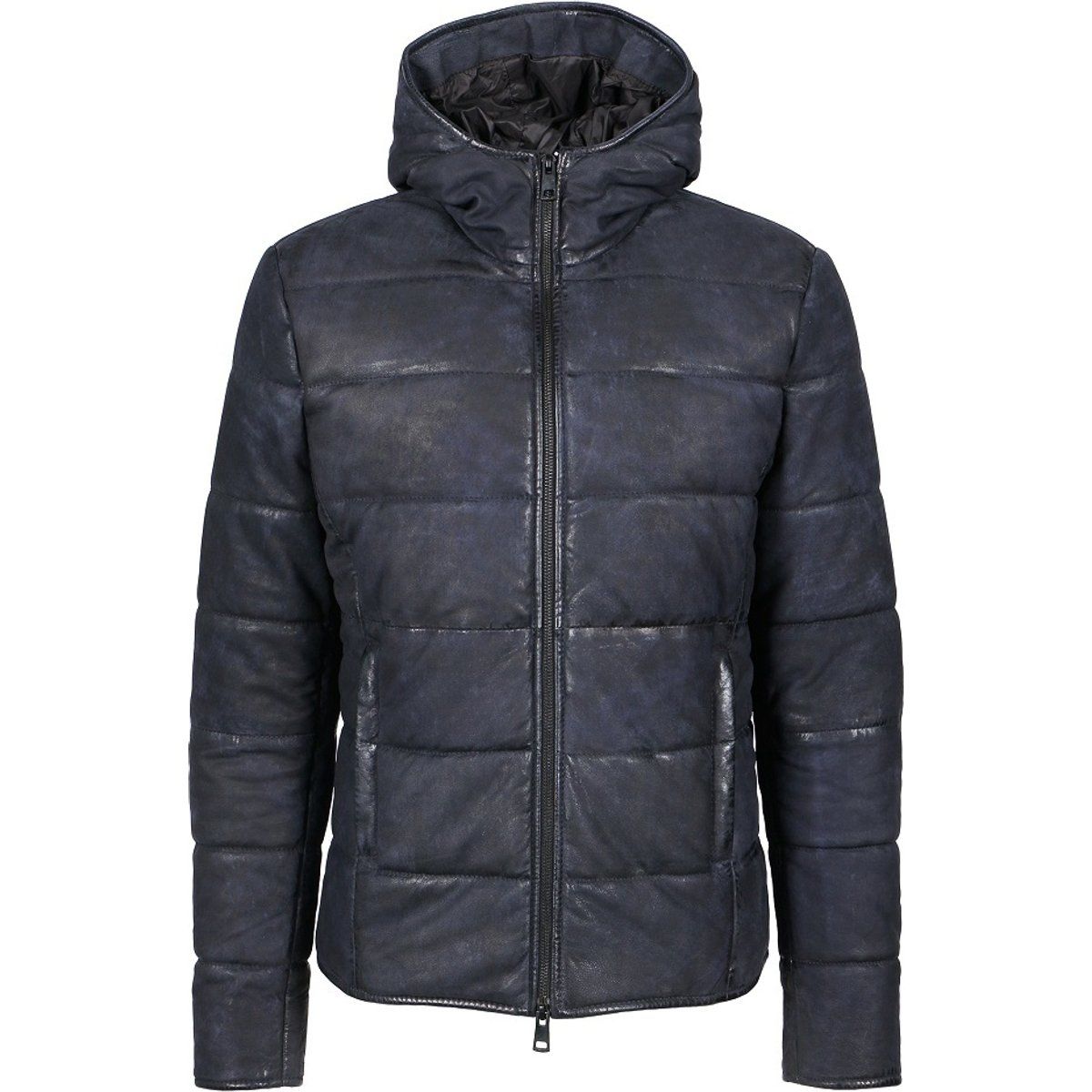Leder-Pufferjacke mit Kapuze